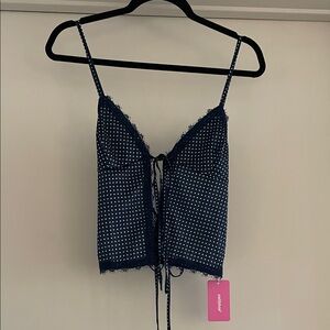 Edikted Navy Polka Dot Backless Satin Top